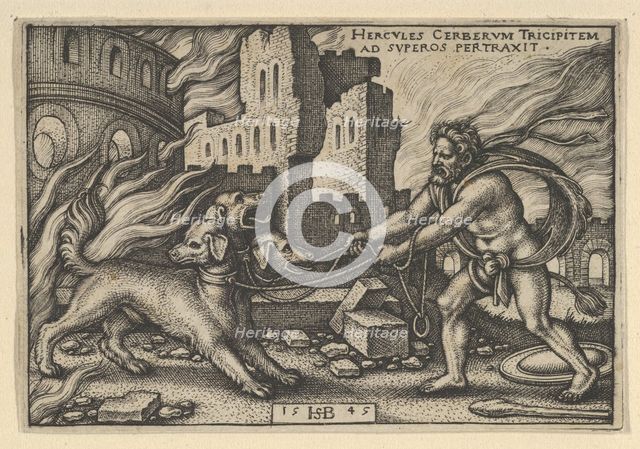 Hercules Capturing Cerberus, from The Labors of Hercules, 1545. Creator: Sebald Beham.