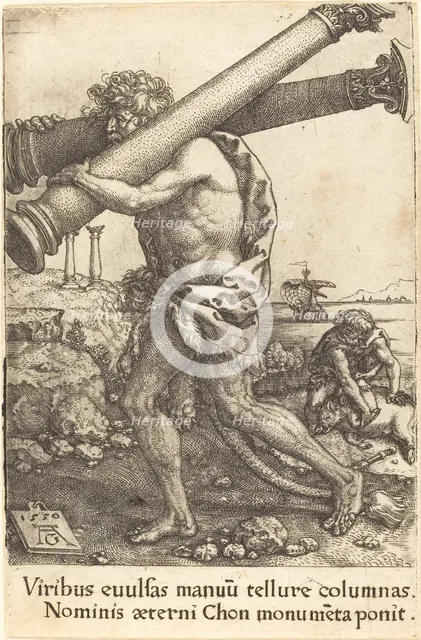 Hercules Carrying the Two Columns of Gaza, 1550. Creator: Heinrich Aldegrever.