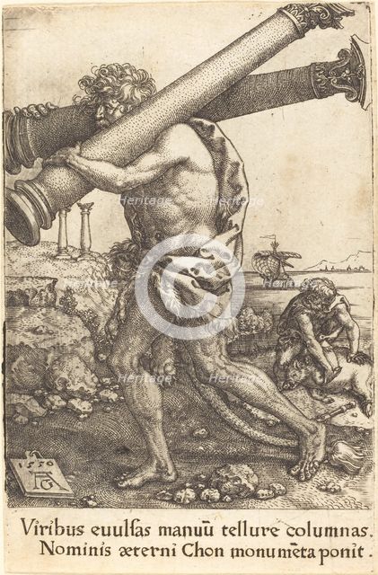 Hercules Carrying the Two Columns of Gaza, 1550. Creator: Heinrich Aldegrever.
