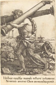 Hercules Carrying the Two Columns of Gaza, 1550. Creator: Heinrich Aldegrever