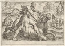Hercules and Achelous: at center Hercules grasps the horns of a bull while pressing his ri..., 1608. Creator: Antonio Tempesta
