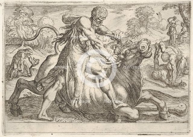 Hercules and Achelous: at center Hercules grasps the horns of a bull while pressing his ri..., 1608. Creator: Antonio Tempesta.
