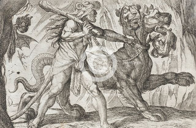 Hercules and Cerberus, 1608. Creators: Antonio Tempesta, Nicolaus van Aelst.