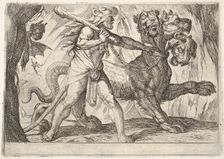 Hercules and Cerberus: Hercules grasps the collar of Cerberus, two demons appear at left..., 1608. Creator: Antonio Tempesta
