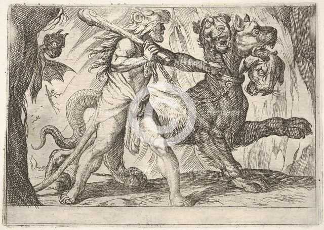 Hercules and Cerberus: Hercules grasps the collar of Cerberus, two demons appear at left..., 1608. Creator: Antonio Tempesta.