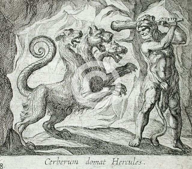 Hercules and Cerberus, published 1606. Creators: Antonio Tempesta, Wilhelm Janson.