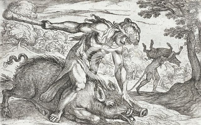 Hercules and the Boar of Erymanthus, 1608. Creators: Antonio Tempesta, Nicolaus van Aelst.