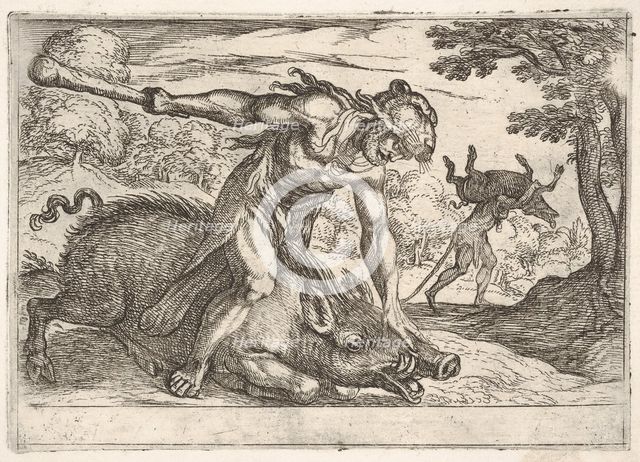 Hercules and the Boar of Erymanthus: Hercules holds down the boar's snout with his left ha..., 1608. Creator: Antonio Tempesta.
