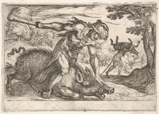 Hercules and the Boar of Erymanthus: Hercules holds down the boar's snout with his left ha..., 1608. Creator: Antonio Tempesta