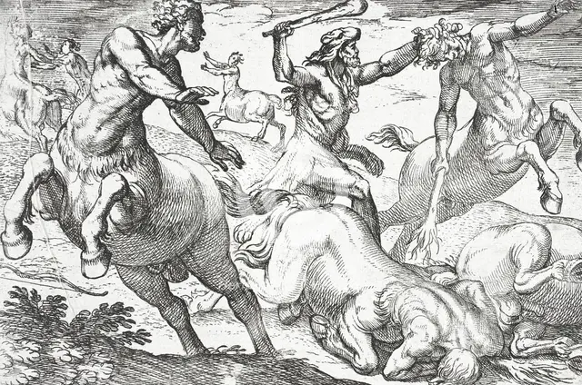 Hercules and the Centaurs, 1608. Creators: Nicolaus van Aelst, Antonio Tempesta.
