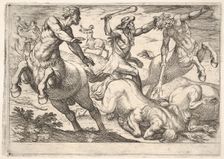 Hercules and the Centaurs: Hercules holds the head of a centaur with his left hand and rai..., 1608. Creator: Antonio Tempesta