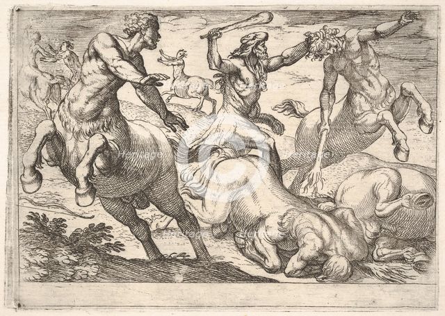 Hercules and the Centaurs: Hercules holds the head of a centaur with his left hand and rai..., 1608. Creator: Antonio Tempesta.