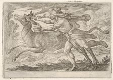 Hercules and the Hind of Mount Cerynea: Hercules strides alongside the hind and grasps the..., 1608. Creator: Antonio Tempesta