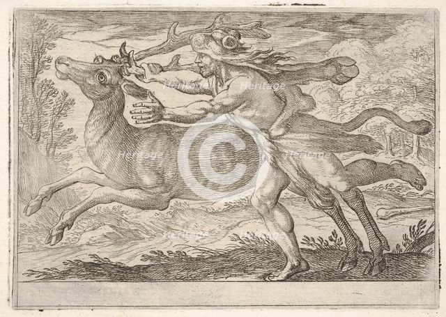 Hercules and the Hind of Mount Cerynea: Hercules strides alongside the hind and grasps the..., 1608. Creator: Antonio Tempesta.