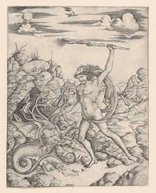 Hercules and the Hydra; wielding a torch he attacks the winged, multi-headed Hydr..., ca. 1500-1520. Creator: Cristofano di Michele Martini