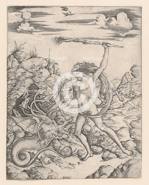 Hercules and the Hydra; wielding a torch he attacks the winged, multi-headed Hydr..., ca. 1500-1520. Creator: Cristofano di Michele Martini.