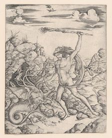 Hercules and the Hydra; wielding a torch he attacks the winged, multi-headed Hydr..., ca. 1500-1520. Creator: Cristofano di Michele Martini