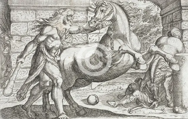Hercules and the Mares of Diomedes, 1608. Creators: Antonio Tempesta, Nicolaus van Aelst.