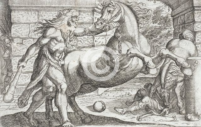 Hercules and the Mares of Diomedes, 1608. Creators: Antonio Tempesta, Nicolaus van Aelst.