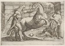 Hercules and the Mares of Diomedes: Hercules grasps the bridle of a rearing horse, a secon..., 1608. Creator: Antonio Tempesta