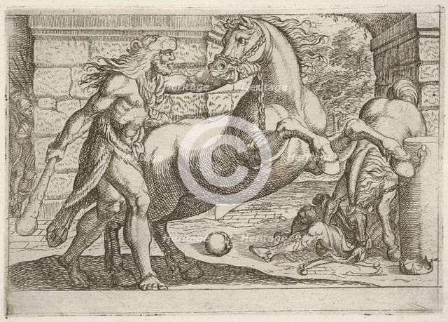 Hercules and the Mares of Diomedes: Hercules grasps the bridle of a rearing horse, a secon..., 1608. Creator: Antonio Tempesta.