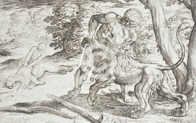 Hercules and the Nemean Lion, 1608. Creators: Antonio Tempesta, Nicolaus van Aelst.