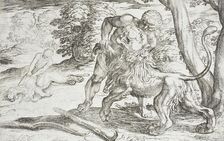 Hercules and the Nemean Lion, 1608. Creators: Antonio Tempesta, Nicolaus van Aelst