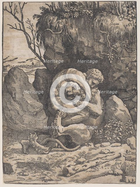 Hercules and the Nemean Lion, ca. 1517-18. Creator: Ugo da Carpi.