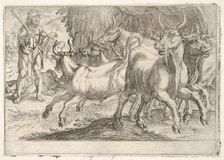 Hercules and the Oxen of Geryones: with a club raised by his right hand, Hercules confront..., 1608. Creator: Antonio Tempesta