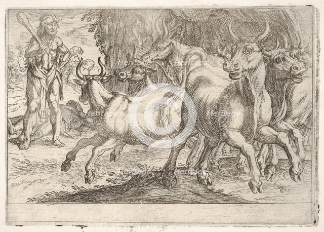 Hercules and the Oxen of Geryones: with a club raised by his right hand, Hercules confront..., 1608. Creator: Antonio Tempesta.