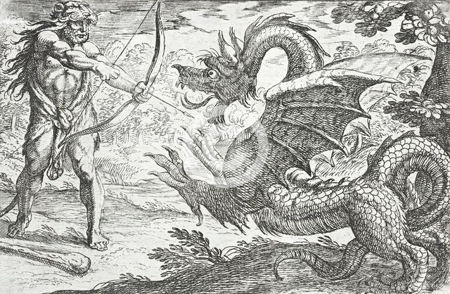 Hercules and the Serpent Ladon, 1608. Creators: Antonio Tempesta, Nicolaus van Aelst.