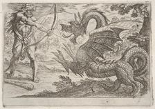 Hercules and the Serpent Ladon: Hercules draws his bow, the rearing serpent appears in pro..., 1608. Creator: Antonio Tempesta