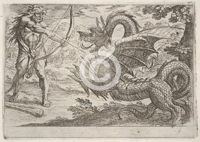 Hercules and the Serpent Ladon: Hercules draws his bow, the rearing serpent appears in pro..., 1608. Creator: Antonio Tempesta.