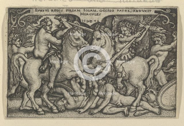 Hercules abducting Iole, from The Labors of Hercules, 1544. Creator: Sebald Beham.
