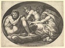 Hercules, Bacchus, Pan, and Saturn, from a series of eight compositions after Francesco P..., 1560s. Creator: Giorgio Ghisi