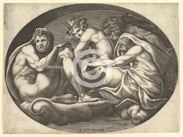 Hercules, Bacchus, Pan, and Saturn, from a series of eight compositions after Francesco P..., 1560s. Creator: Giorgio Ghisi.