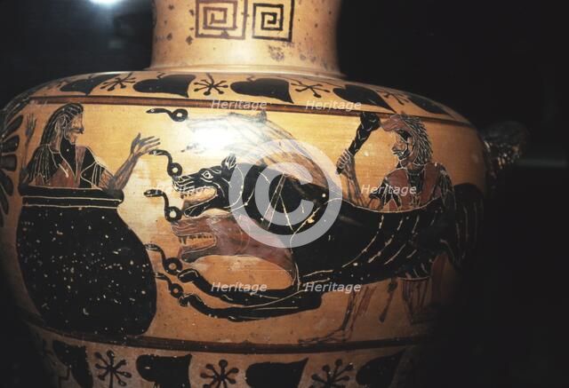 Hercules bring Cerberus to Eurystheus (sheltering in the large jar), c6th century BC Artist: Unknown.
