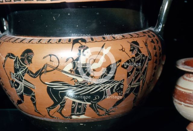 Hercules Brings Cerberus to Eurystheus, with Hermes and Athena, c6th century BC. Artist: Unknown.