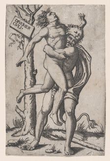 Hercules, grasping Antaeus at the waist with both arms and lifting him off his fe..., ca. 1500-1550. Creator: Marcantonio Raimondi