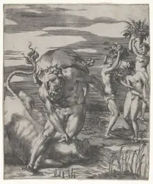 Hercules defeating the river god Achelous in the form of a bull, with three women t..., ca. 1526-27. Creator: Giovanni Jacopo Caraglio