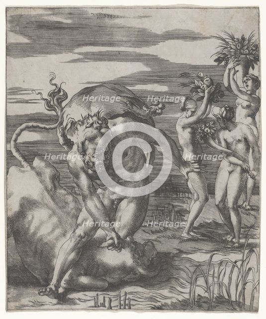 Hercules defeating the river god Achelous in the form of a bull, with three women t..., ca. 1526-27. Creator: Giovanni Jacopo Caraglio.