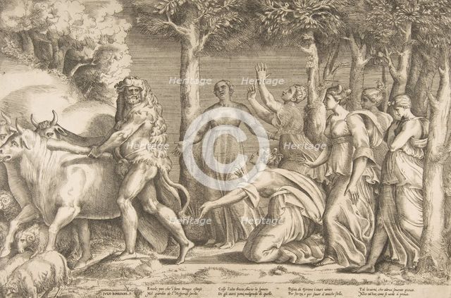 Hercules driving off the cattle of Geryon, at the right are the nymphs of Hesperides, ..., 1531-76. Creator: Giulio Bonasone.