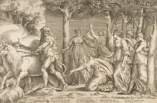 Hercules driving off the cattle of Geryon, at the right are the nymphs of Hesperides, ..., 1531-76. Creator: Giulio Bonasone