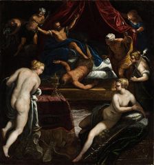 Hercules Expelling the Faun from Omphale's Bed. Artist: Tintoretto, Jacopo (1518-1594)