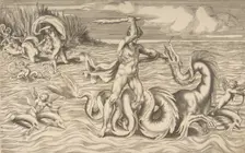 Hercules fight adragon in the centre, Achelous carrying off Deianeira upper left, 1531-76. Creator: Giulio Bonasone