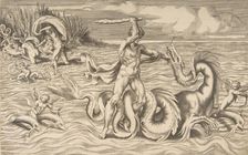 Hercules fight adragon in the centre, Achelous carrying off Deianeira upper left, 1531-76. Creator: Giulio Bonasone