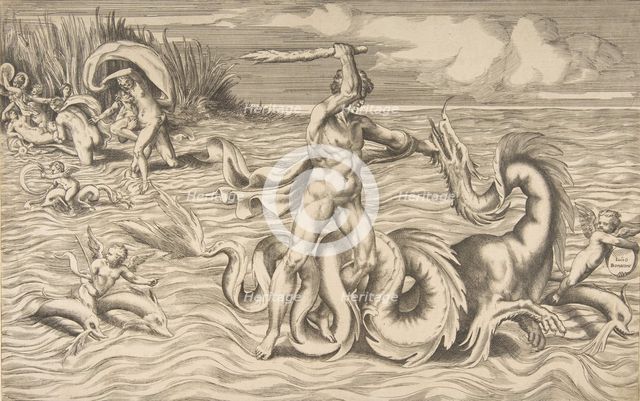 Hercules fight adragon in the centre, Achelous carrying off Deianeira upper left, 1531-76. Creator: Giulio Bonasone.