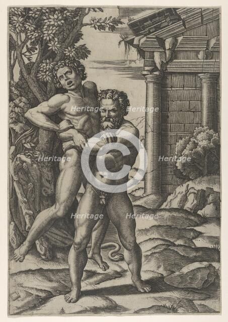 Hercules holding Antaeus by the waist and lifting him off his feet, ca. 1520-22.. Creator: Marcantonio Raimondi.