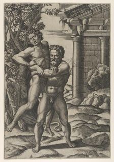 Hercules holding Antaeus by the waist and lifting him off his feet, ca. 1520-22.. Creator: Marcantonio Raimondi
