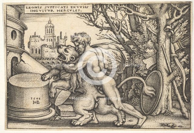 Hercules, in profile, killing the Nemean lion with his arm around its neck, from 'The labo..., 1548. Creator: Sebald Beham.